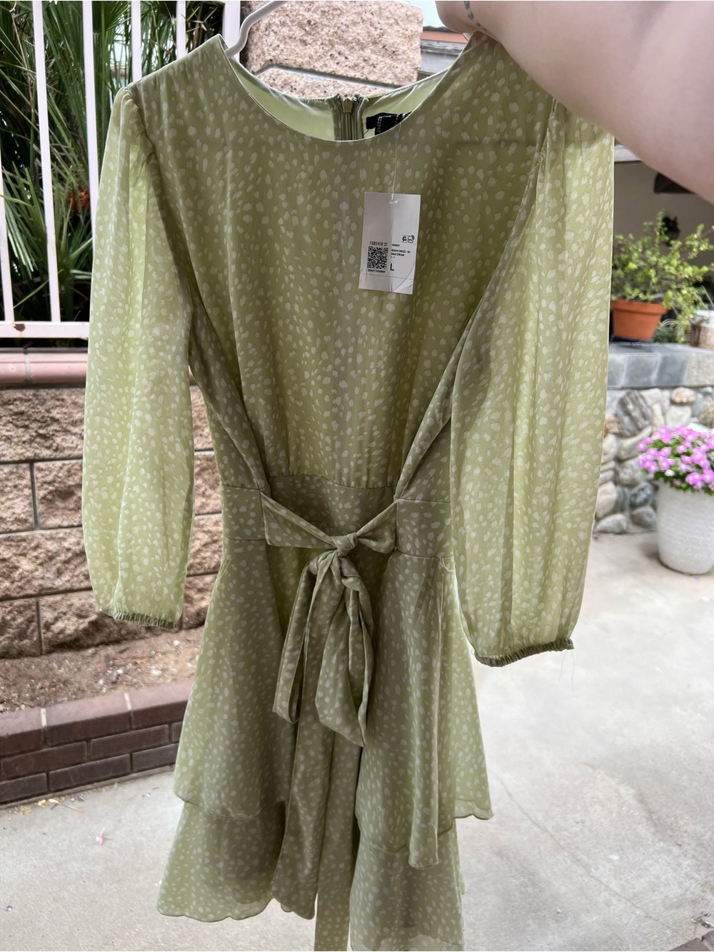 Light Olive Green Tiered Tie-Waist Dress